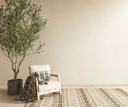 Boho scandinavian interior design living room. Mock up beige empty wall with armchair and olive tree. 3d render illustration.の写真素材