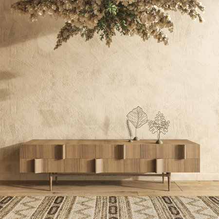 Farmhouse interior living room mock up with natural wooden furniture. 3d render illustration Scandi-Boho style on empty beige background.の写真素材