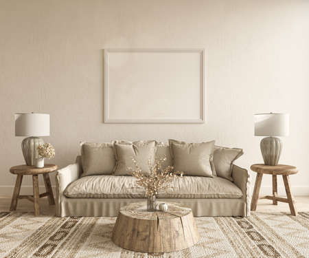 Boho scandinavian interior design living room. Mock up beige empty wall with wooden furniture. 3d...
