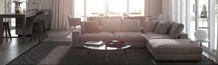 Minimalism modern interior design studio living room. Dining room with table and chairs. 3d...