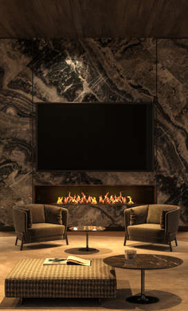 Luxury interior design living room with night lighting, fireplace, marble tv wall, wooden ceiling. 3d render illustration.の写真素材