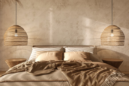 Boho scandinavian style in farmhouse interior. Beige bedroom with natural wooden furniture, shutters and dry plants. 3d rendering illustration.の写真素材