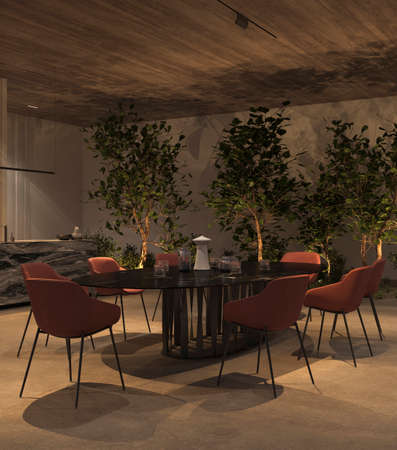 Luxury open kitchen and dining room with night lighting, green plants, stone floor, wooden ceiling. 3d render illustration interior apartment.の写真素材