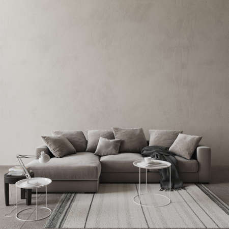 Modern minimalism living room interior. High quality illustration home interior. Gray empty wall...