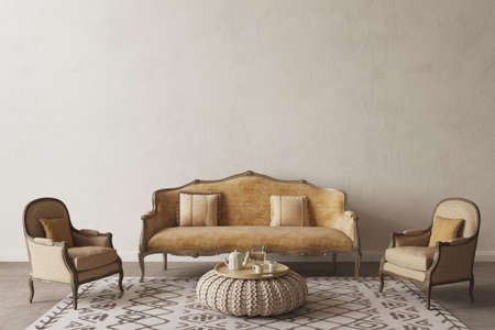 Vintage living room interior design with lounge sofa and armchair. 3d render illustration.の写真素材