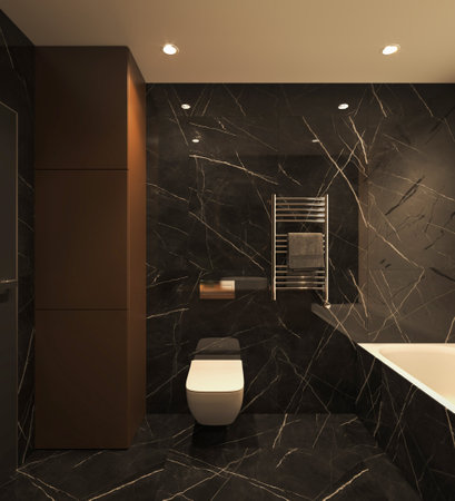 Dark bathroom interior with black marble and white toilet. Minimalist design modern luxury furniture. 3d render. High quality illustration.の写真素材