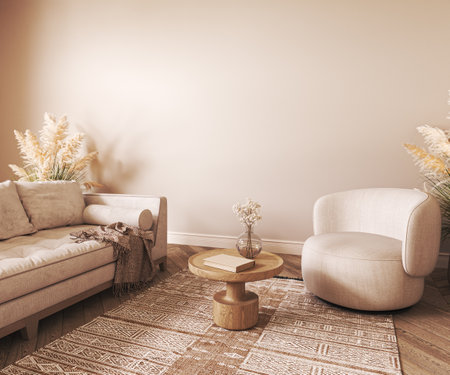 Beige color interior design with white sofa,wooden boho table and ethnic carpet in modern coastal living room. Empty wall mockup. 3d render. High quality 3d illustrationの写真素材
