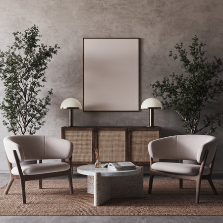 Dark living room interior with armchairs, wooden commode and mock up canvas poster. 3d rendering....