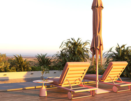 Modern luxurious pool with beach chairs, table and umbrella. Summer concept creative design scene. Pink color memphis style. 3d rendering. High quality 3d illustrationの写真素材