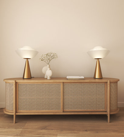 Commode with book, vase and lamp in livingroom interior. Light beige wall mock up background. 3d rendering. High quality 3d illustrationの写真素材