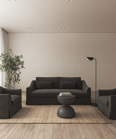 Modern retro style apartment interior livingroom. Large window with curtain and panoramic view....