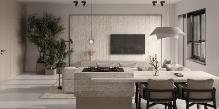 Beige living room interior with empty tv wall, ceiling lamp and kitchen island. Mockup canvas...