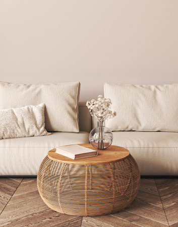 Japanese boho beige interior with lounge sofa and dry flower in vase background. Light modern australian livingroom closeup. 3d rendering mockup. High quality 3d illustrationの写真素材