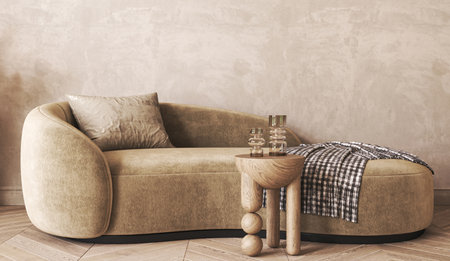 Japandi boho beige interior with sofa and stucco background. Light modern australian livingroom. 3d rendering. High quality 3d illustrationの写真素材