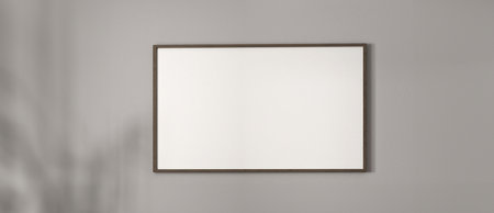 Boho gray empty wall with one picture frame background. Light modern japanese nature view. 3d...