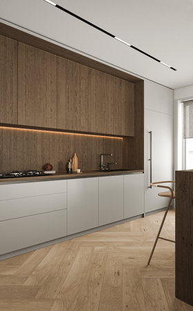 Modern minimal style wooden kitchen interior design with window and island background. 3d rendering....