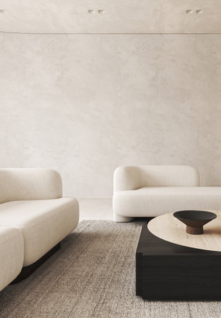Boho beige livingroom with marble stone and decor - carpet background. Light modern beige nature...