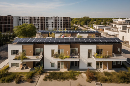 Solar panel adorned residences in a modern urban neighborhood, symbolizing clean energy. Generative AI.の素材