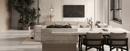 Spacious kitchen dining area with elegant stone island