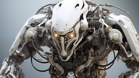 Imposing robotic beast with glowing eyes poised for action. Generative AIの素材