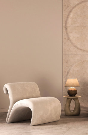 Sculptural chair in modern minimalist interior with elegant lighting 3d renderの写真素材