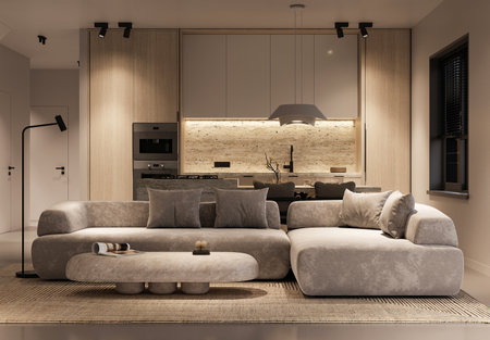 Open-plan living area with plush sofas and warm ambient lighting 3d renderの写真素材