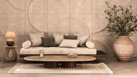Serene living room with organic accents and lush olive tree 3d render