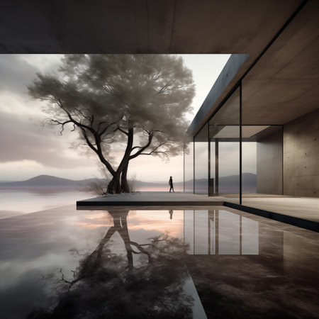 Contemplation at dusk, a solitary figure by a reflective pool. Generative AIの素材