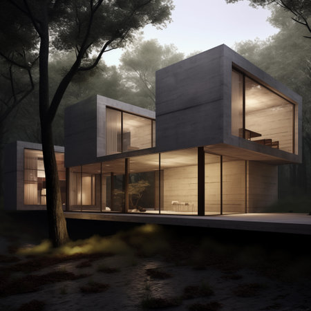 Secluded serenity, modernism amidst the mystical forest. Generative AIの素材