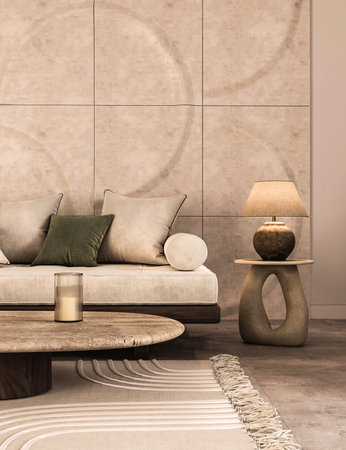 Sophisticated living room setup with elegant furnishings and warm tones 3d renderの写真素材