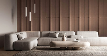 Modern textured living room with sleek sectional and pendant lights 3d renderの写真素材