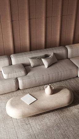 Sleek contemporary lounge with plush sofa and panel backdrop 3d renderの写真素材