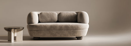 Luxury and comfort in a minimalist setting featuring a plush sofa and textured side table, a 3d render that epitomizes modern living spacesの写真素材