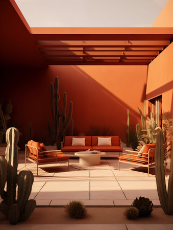 Desert chic, a modern outdoor lounge in warm hues. Generative AIの素材