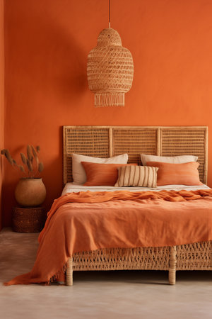 A harmonious blend of modern design and organic elements, this bedroom features a bold orange wall and a natural woven bed for a tranquil escape. Generative AIの素材