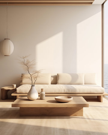 A minimalist living room that captures the essence of tranquility with its natural light and a harmonious blend of warm neutrals and clean lines. Generative AIの素材
