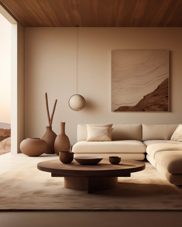 An elegantly designed living room drawing inspiration from desert landscapes, with earthy tones and organic shapes for a natural yet sophisticated feel. Generative AIの素材