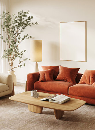 Stylish modern living room with earthy tones and minimalist design for an inviting feel, 3d...