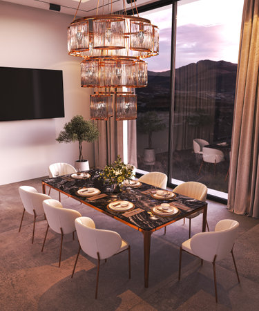 Elegant dining room has a modern chandelier, captivating art, and a stunning view, 3d renderingの写真素材