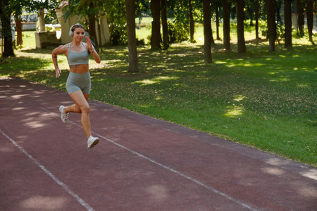 An active woman is running on a track placed in a beautiful scenic outdoor environment