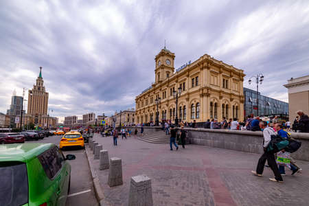City the Moscow .view of the Leningradsky Railway Station,Hotel Leningradskaya,Komsomolskaya Square,in Moscow.Russia.2019のeditorial素材