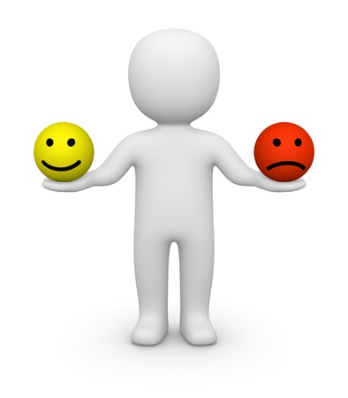 3d man holding two smiley balls with different emotions 3d man holding two smiley balls with different emotions