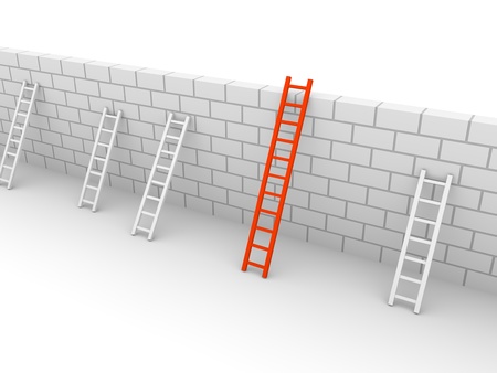 Several ladders with different length leaning the brick wall. 3d rendering.の写真素材