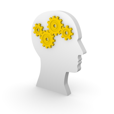 Human head silhouette with yellow gears. 3d rendering.の写真素材