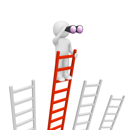 3d man standing on the top of longest ladder and looking through binoculars. 3d render.の写真素材