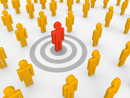 Red 3d human standing on the target and other people around. 3d render.の写真素材