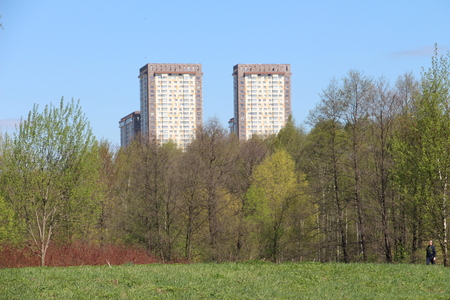 Almost the twin towers, only in Moscow, but they are a little smaller. View from Parkの写真素材