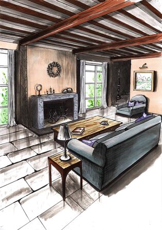 Interior of the room in a country house, in a cottage, in a villa, in a barn. Picture of a beautiful cozy room for an interior design project.の写真素材