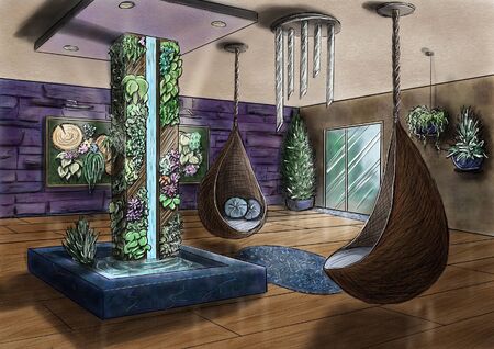 Interior of the room in a country house, in a cottage, in a villa, in a barn. Picture of a beautiful cozy room for an interior design project.の写真素材