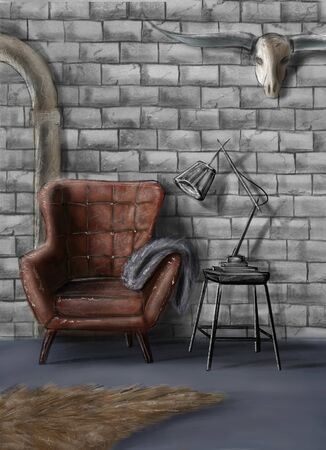 Interior of the room in a country house, in a cottage, in a villa, in a barn. Picture of a beautiful cozy room for an interior design project.の写真素材